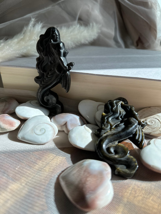 Golden Sheen Obsidian Crystal Mermaid Carving